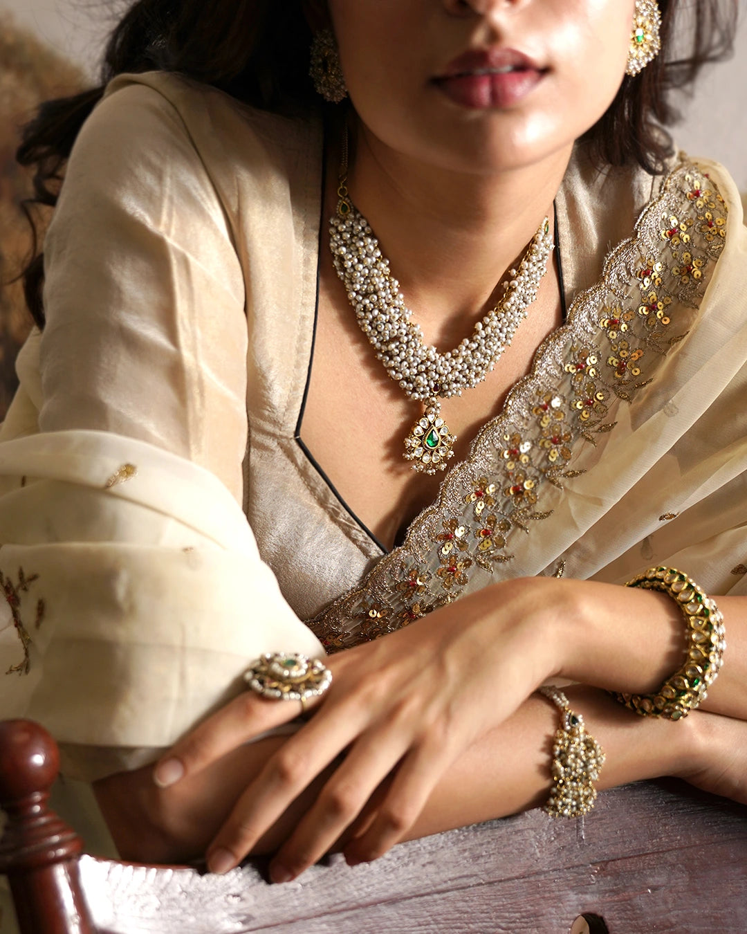 gold polki and pearl indian wedding necklace