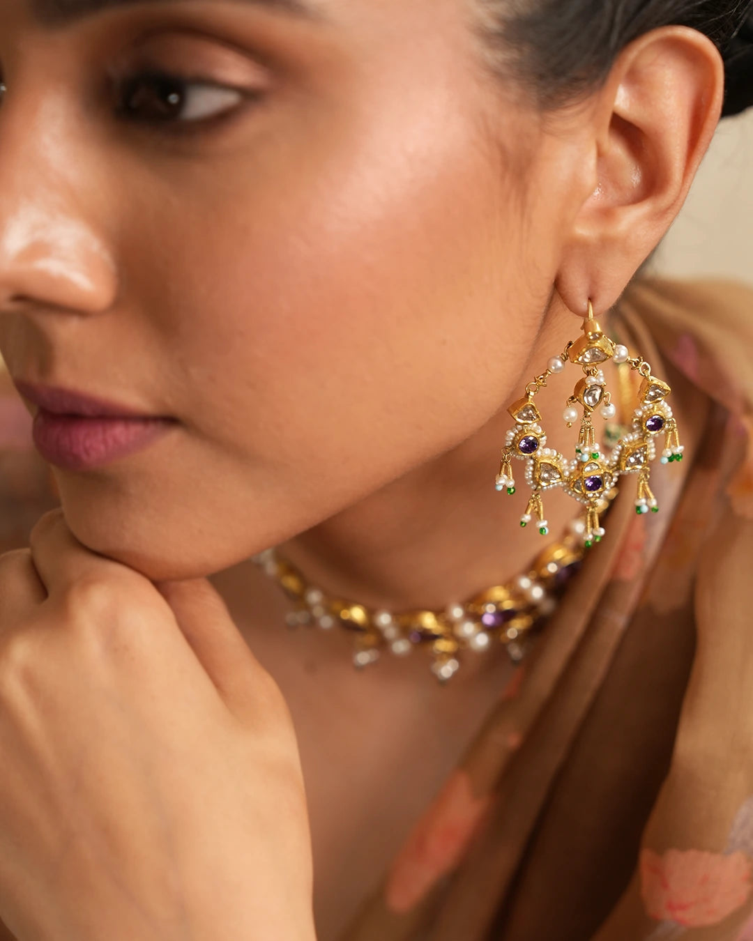 gold and polki chaanbali earrings