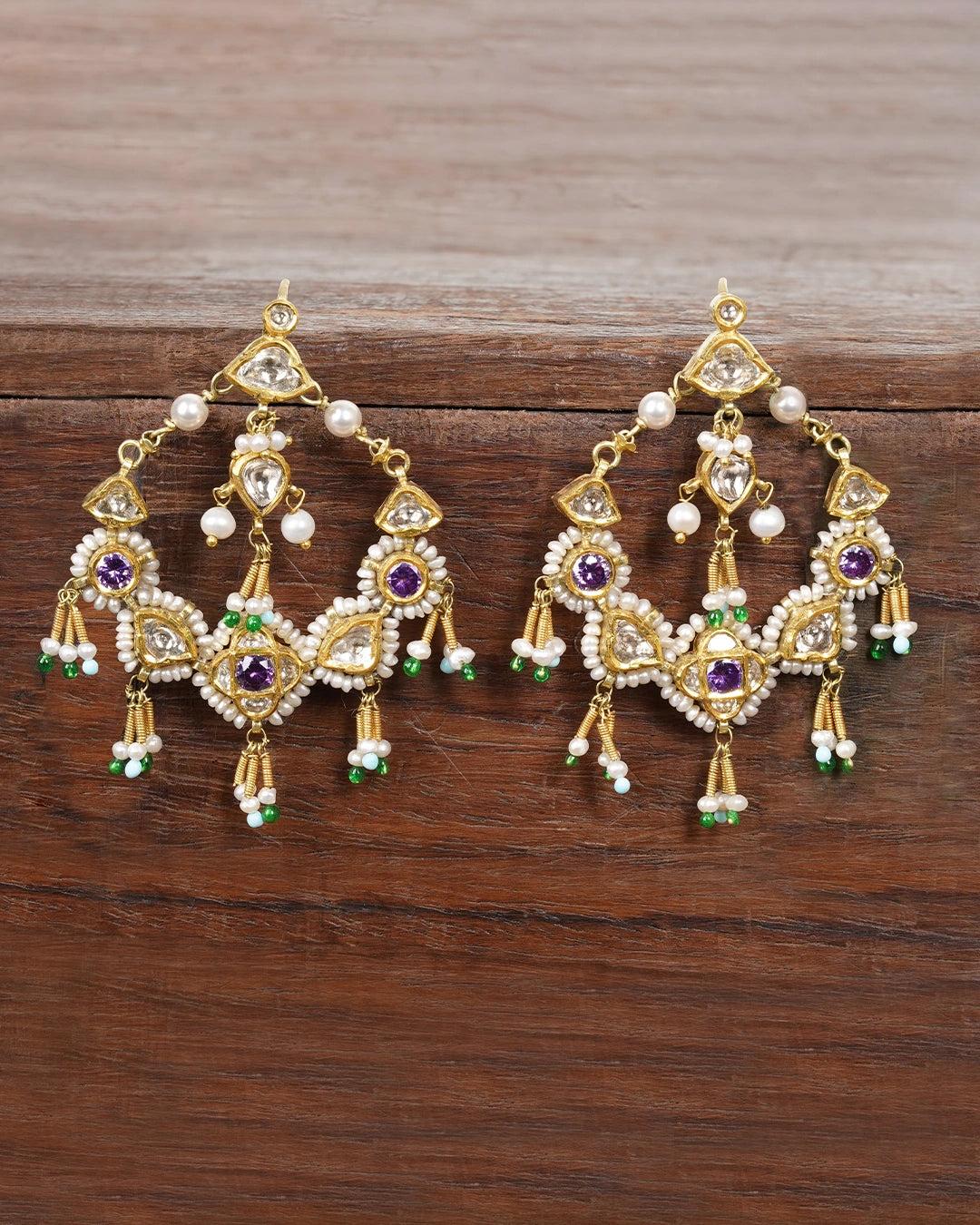 gold polki and purple amethyst chaandbali earrings